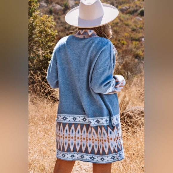 Chic Blue Aztec Cardigan Sweater Boutique Item - Picture 4 of 13